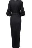 Черное сексуальное однотонное вечернее платье в стиле пэчворк с V-образным вырезом Платья