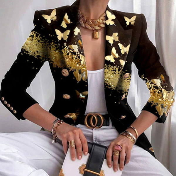 Ropa de abrigo con cuello vuelto y botones de patchwork con estampado casual de oro negro