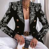 Black White Casual Print Patchwork Buttons Turn-back Collar Outerwear