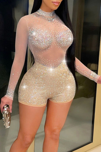 Apricot Sexy Zipper See-through Mesh Hot Drill O Neck Skinny Rompers
