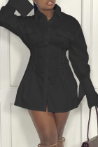 ブラック カジュアル ソリッド パッチワーク ターンダウン カラー シャツドレス ドレス