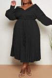 Schwarzes, lässiges, süßes, festes Bandage-Patchwork-Falten-Umlegekragen-A-Linie-Kleid in Übergröße