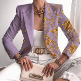 Light Purple Casual Print Split Joint Buttons Turn-back Collar Outerwear