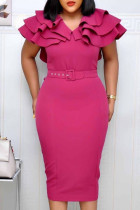 Vestidos de falda lápiz con cuello en V y parches lisos elegantes de moda roja rosa