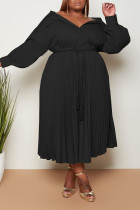 Schwarzes, lässiges, süßes, festes Bandage-Patchwork-Falten-Umlegekragen-A-Linie-Kleid in Übergröße