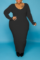 Zwarte casual effen patchwork U-hals rechte grote maten jurken