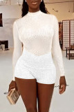 White Sexy Zipper See-through Mesh Hot Drill O Neck Skinny Rompers