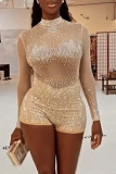 White Sexy Zipper See-through Mesh Hot Drill O Neck Skinny Rompers