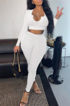 White Fashion Casual Solid Basic V Neck Long Sleeve Two Pieces