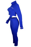 Blue Fashion Casual Embroidery Solid Color Zipper Collar Long Sleeve Two Pieces
