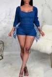 Blue Sexy Solid Tassel Square Collar Skinny Rompers