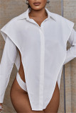 White Fashion Casual Solid Patchwork Asymmetrical Turndown Collar Tops