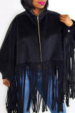 Abrigo de talla grande con cuello de cremallera y borlas sólidas informales de moda negro