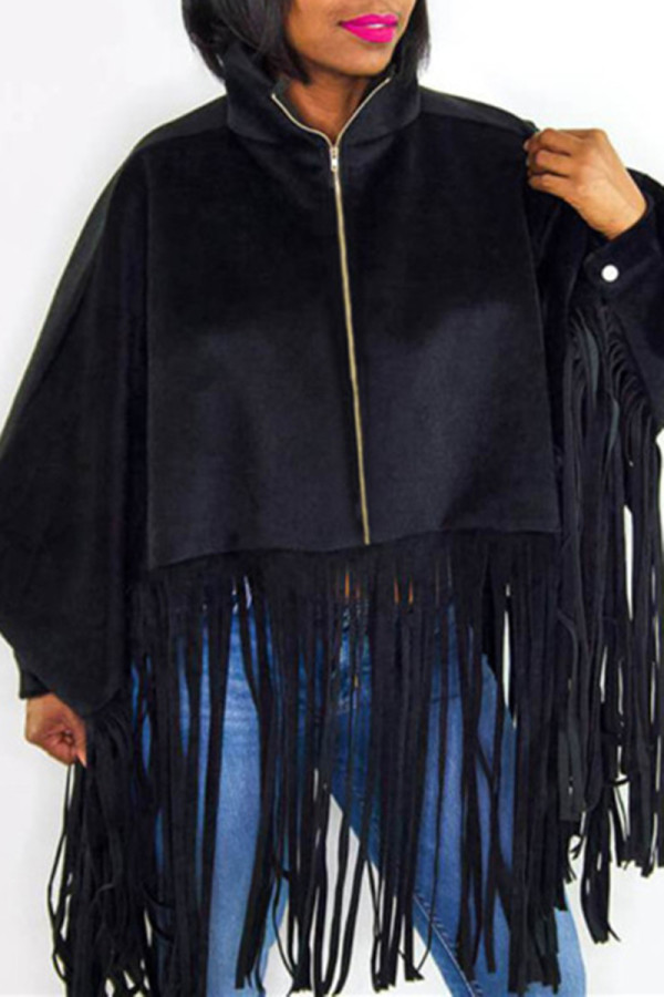 Abrigo de talla grande con cuello de cremallera y borlas sólidas informales de moda negro