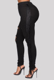 Jeans in denim normale a vita alta strappati con nappa solida casual alla moda nera