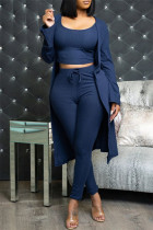 Dark Blue Fashion Casual Solid Cardigan Vests Pants O Neck Long Sleeve Three-piece Set
