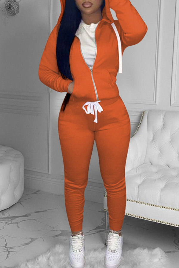Оранжевый модный повседневный однотонный базовый воротник с капюшоном и длинным рукавом из двух частей