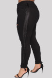 Calça jeans plus size rasgada com borla casual moda preta
