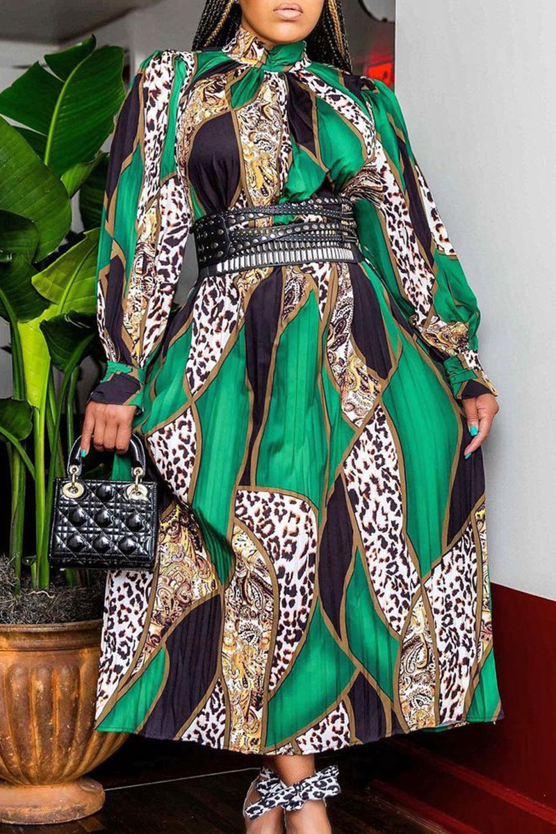 

Green Fashion Casual Print Basic Turtleneck Long Sleeve Dresses (Without Belt)