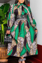 グリーン ファッション カジュアル プリント ベーシック タートルネック 長袖 ドレス (ベルトなし)