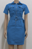 ブルー カジュアル ソリッド パッチワーク ターンダウン カラー ペンシル スカート ドレス