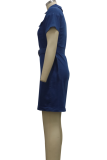 Синий сексуальный сплошной лоскутный отложной воротник юбка-карандаш платья