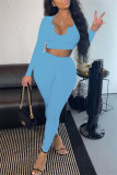 Sky Blue Fashion Casual Solid Basic V Neck Long Sleeve Two Pieces