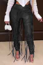 Pantalones de color sólido de cintura alta regular de frenillo de retazos sólidos de calle de moda negro