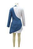 ブルー ファッション カジュアル パッチワーク 非対称 ターンダウン カラー ロング スリーブ ドレス