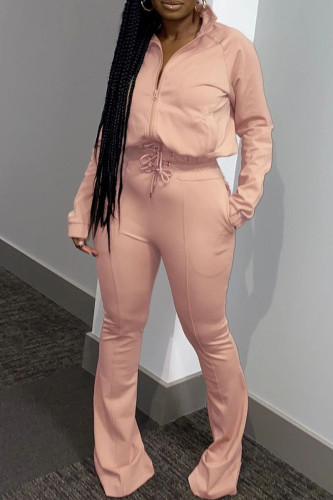 Apricot Fashion Casual Solid Hot Drill Zipper Collar Long Sleeve Two Pieces