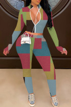 Многоцветный модный повседневный принт в стиле пэчворк с воротником-молнией и длинным рукавом из двух частей