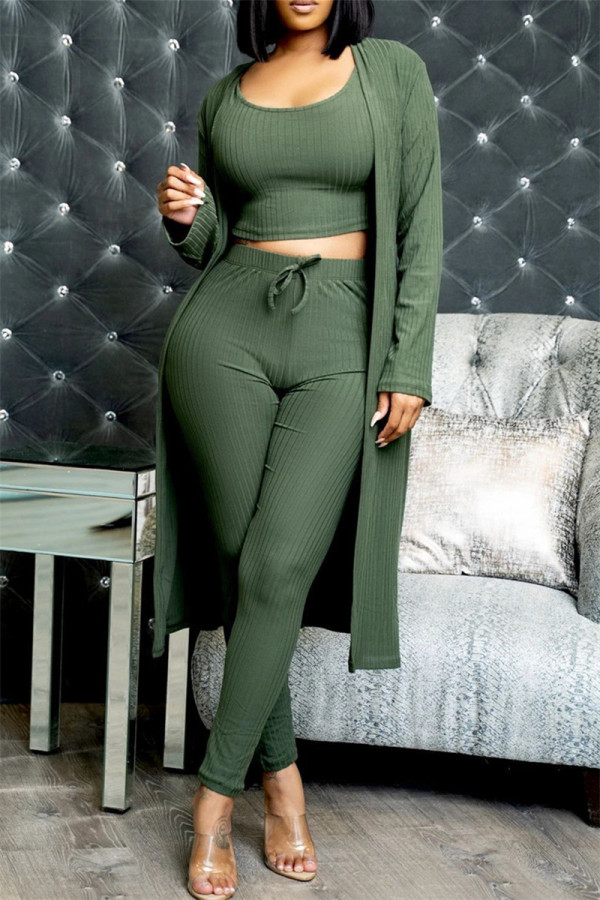 Ejército Verde Moda Casual Sólido Cardigan Chalecos Pantalones O Cuello Manga larga Conjunto de tres piezas