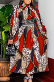 レッド ファッション カジュアル プリント ベーシック タートルネック 長袖 ドレス (ベルトなし)