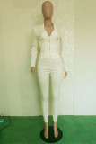 Bianco moda casual solido patchwork colletto con risvolto manica lunga due pezzi