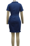 Blue Sexy Solid Patchwork Turndown Collar Pencil Skirt Dresses