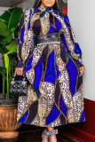 ブルー ファッション カジュアル プリント ベーシック タートルネック 長袖 ドレス (ベルトなし)