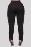 Jeans jeans preto moda casual borla sólida rasgado cintura alta regular
