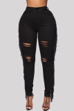 Zwarte mode casual effen kwastje gescheurde hoge taille regular denim jeans