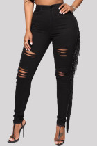 Black Fashion Casual Solid High Waist Regular Tassel Tassel Denim Jeans