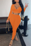 Orange Fashion Casual Solid Basic V Neck Long Sleeve Two Pieces