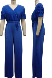Blauwe casual rechte jumpsuits met geleidelijke verandering en patchwork met V-hals