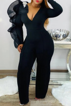 Black Fashion Casual Patchwork Solid Color V Neck Plus Size Jumpsuits