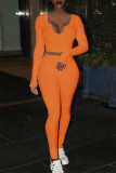 オレンジ ファッション カジュアル 無地 ベーシック Vネック 長袖 ツーピース