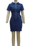 ブルー セクシー ソリッド パッチワーク ターンダウン カラー ペンシル スカート ドレス