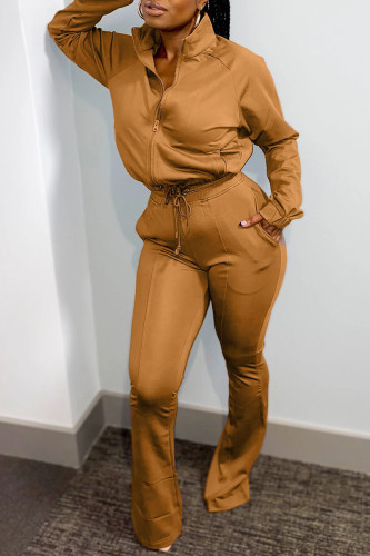 Coffee Fashion Casual Solid Hot Drill Zipper Collar Long Sleeve Two Pieces