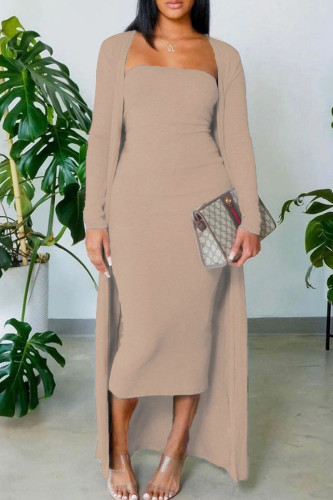 Camel Casual Solid Patchwork Strapless Long Sleeve Two Pieces