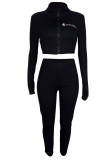 Black Fashion Casual Embroidery Solid Color Zipper Collar Long Sleeve Two Pieces