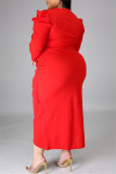 Rode mode casual effen patchwork V-hals lange mouwen plus size jurken