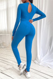 Blauwe mode casual effen uitgeholde skinny jumpsuits met O-hals