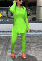 Fluorescerande Grön Casual Solid Slit O Neck Långärmad Två delar